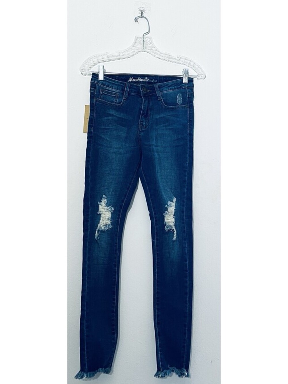Machine Distressed Skinny Jeans WMN SZ 5 28 Blue Stretch Raw Hem NWT Juniors